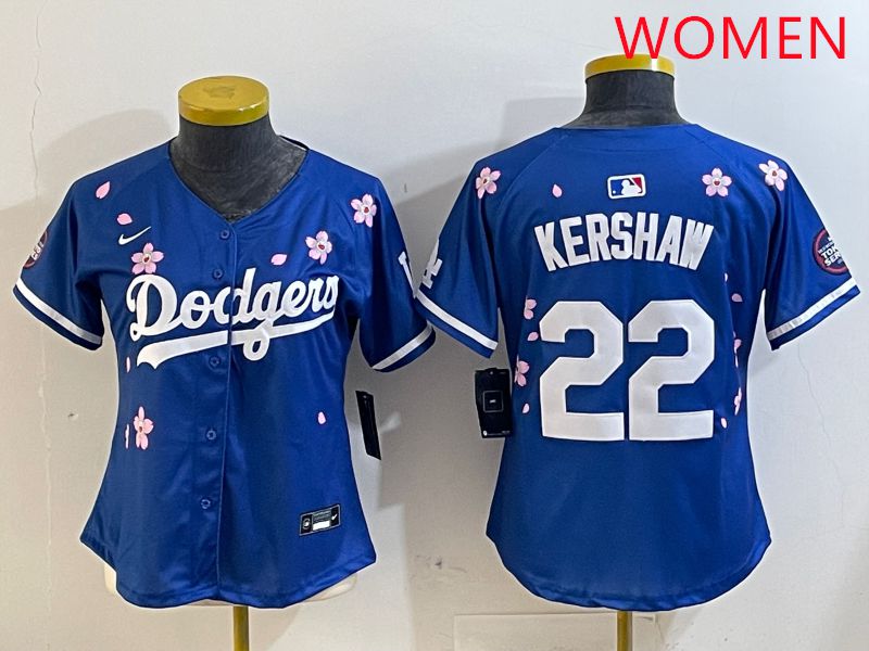 Women Los Angeles Dodgers #22 Kershaw Blue White Blue Sakura Edition 2025 Nike MLB Jersey style 1